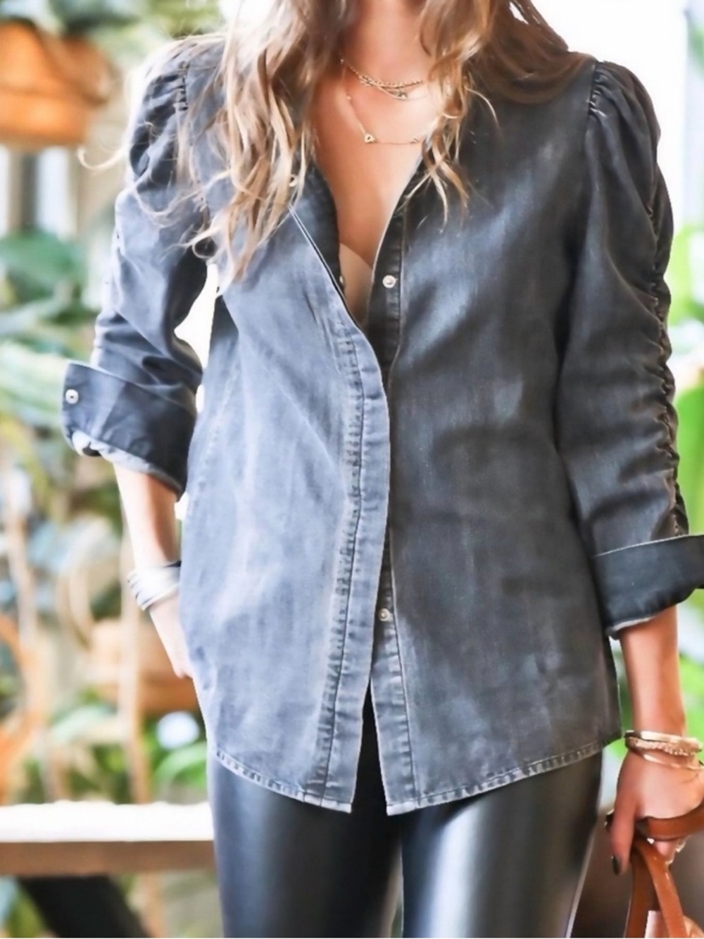 MAZIK Blue Denim Button-Front Ruched Long-Sleeve Top - Size Small NWT